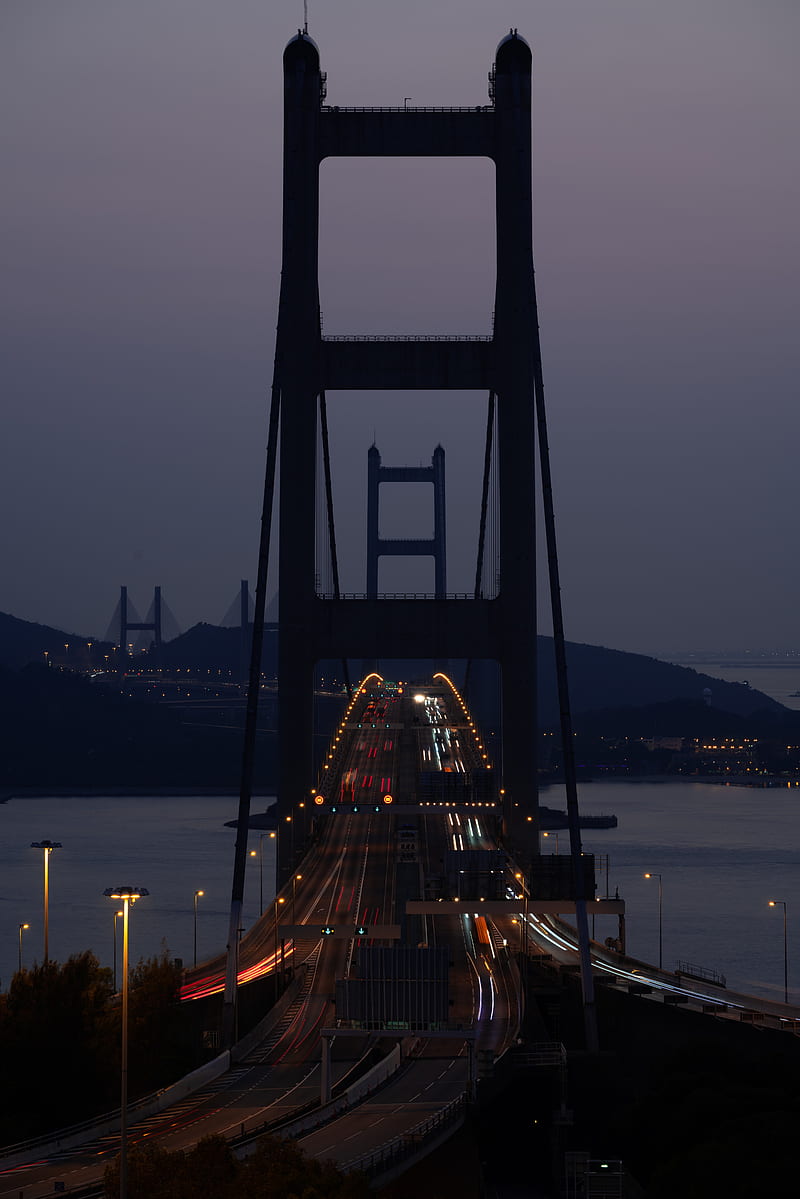 bridge, road, night, lights, long exposure, dark, HD phone wallpaper