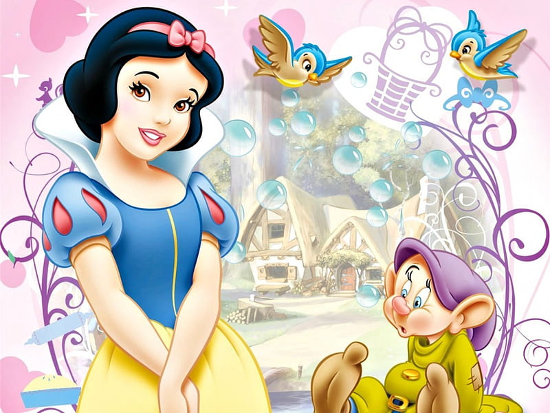 Snow White, movie, gnome, yellow, card, fantasy, girl, purple, bird, princess, pink, dwarf, disney, blue, HD wallpaper