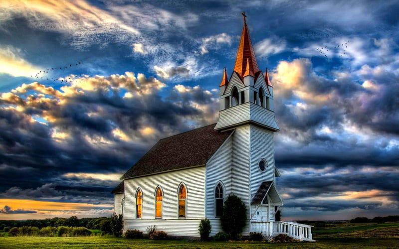 Simply Beautiful, architecture, grass, bonito, sunset, clouds, splendor, beauty, amazing, lovely, view, sunlight, colors, birds, church, sky, peaceful, nature, chapel, landscape, HD wallpaper