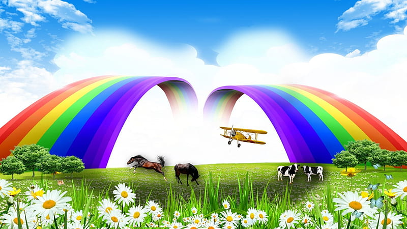Double Wings Double Rainbow, butterflies, spring, rainbow, country, trees, sky, clouds, horses, farm, daisies, airplane, summer, flowers, field, cows, HD wallpaper
