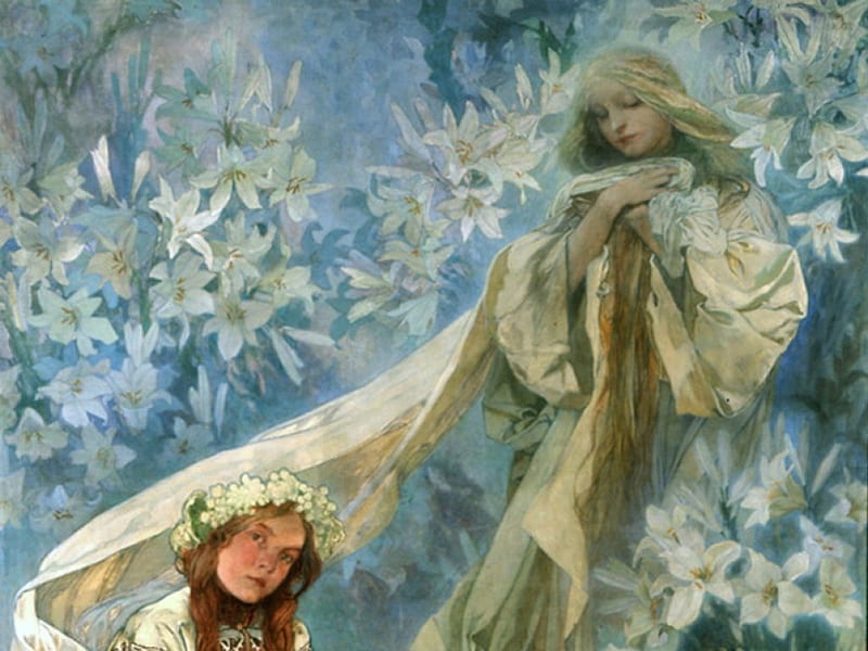 Mucha Madonna of the Lilies, art, child, lady, white lilies, HD wallpaper