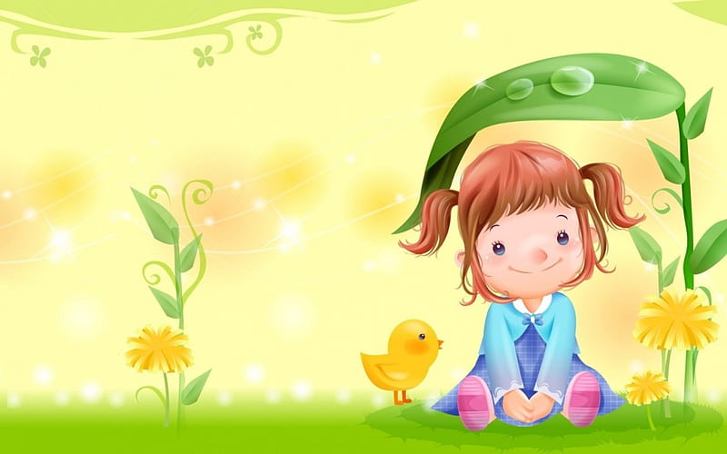 Two cuties, chicken, yellow, spring, illustration, leaf, cute, girl ...