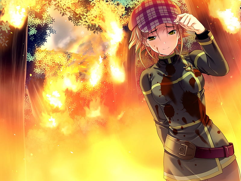 Gomenasai, game cg, blood, hat, fire, tree, cool, girl, anime, tears, rebirth session, project, id, HD wallpaper