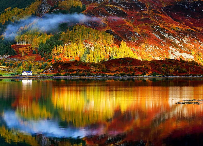 Rorschach, Highlands Of Scotland, forest, autumn, house, bonito, trees, lake, red ground, mountains, reflection, HD wallpaper