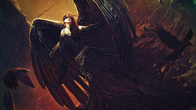 Raven Black Angel , fantasy-girls, raven, angel, HD wallpaper