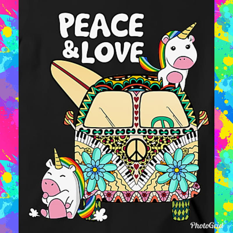 Peace Love, unicorn, vw, vw van, 60s, hippie, HD phone wallpaper
