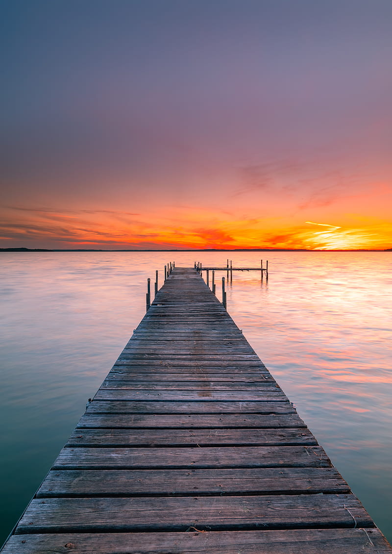pier, sea, sunset, horizon, sky, water, HD phone wallpaper