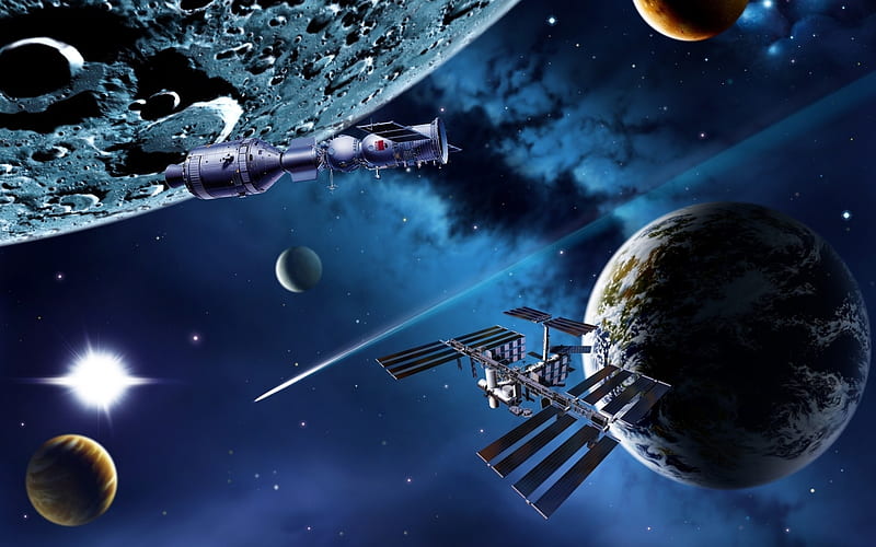space stations near planets, station, moon, planet, space, HD wallpaper
