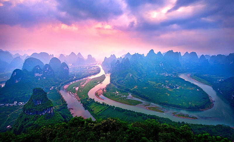 Sunset Over Li River, Panorama, forest, China, town, bonito, sunset, sky, clouds, mist, green, mountains, Xing Ping, river, pink, field, purlpe, blue, HD wallpaper