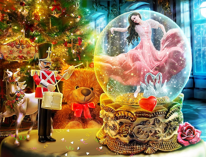 Toy story, nutcracker, luminos, craciun, christmas, rose, tree, fantasy, girl, christabellelamort, crystal ball, HD wallpaper
