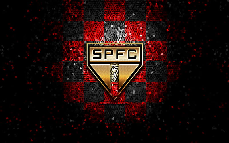 Sao Paulo FC, glitter logo, Serie A, red black checkered background, soccer, Sao Paulo, brazilian football club, Sao Paulo FC logo, mosaic art, football, Brazil, SPFC, HD wallpaper
