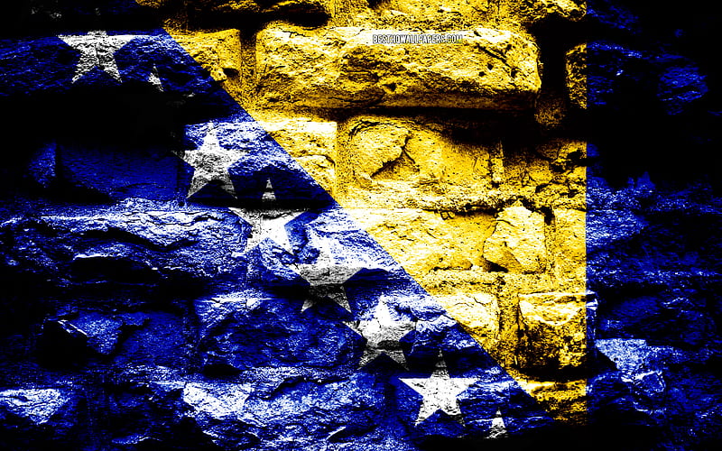 Bosnia and Herzegovina flag, grunge brick texture, Flag of Bosnia and Herzegovina, flag on brick wall, Bosnia and Herzegovina, Europe, flags of european countries, HD wallpaper
