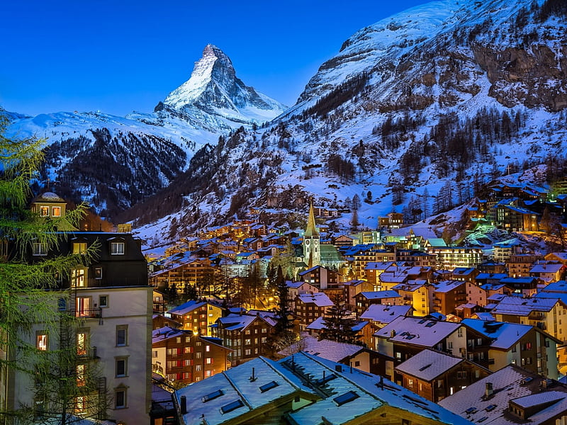 Zermatt Valley, Matterhorn, Switzerland, snow, buildings, houses, town, alps, winter, HD wallpaper