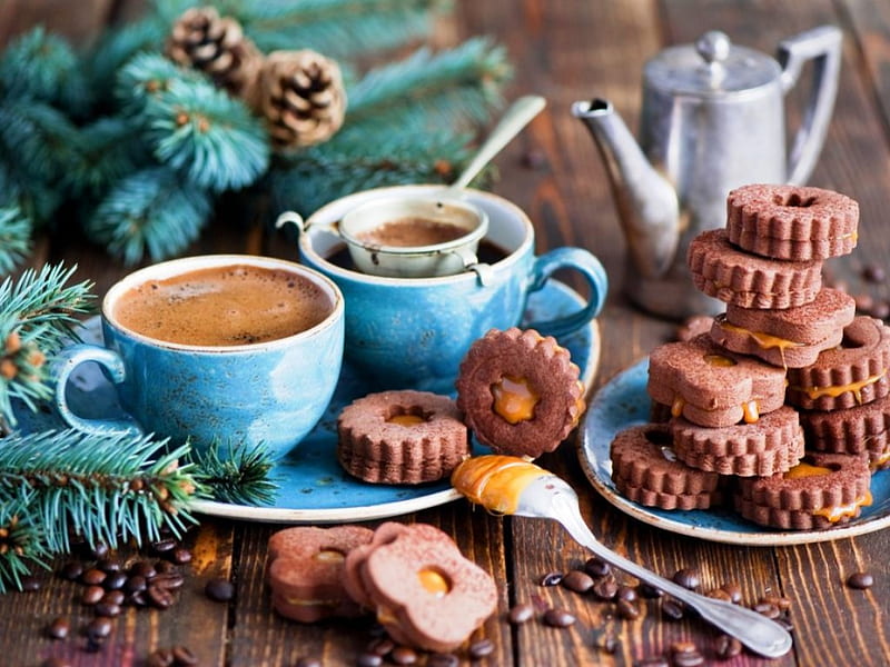 Coffee and cookies, holiday, abstract, coffee beans, winter, still life, cookies, tree, graphy, coffee, tasty, drink, cups, blue, HD wallpaper