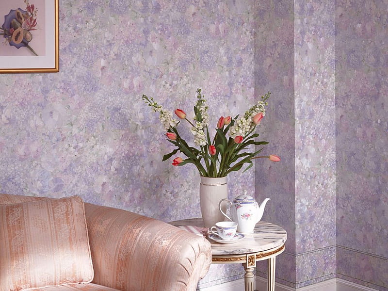 my beautiful corner with still life, art , marmor table, vase, bonito, teacup, corner, teapot, still life, flowers, room, sofa, HD wallpaper