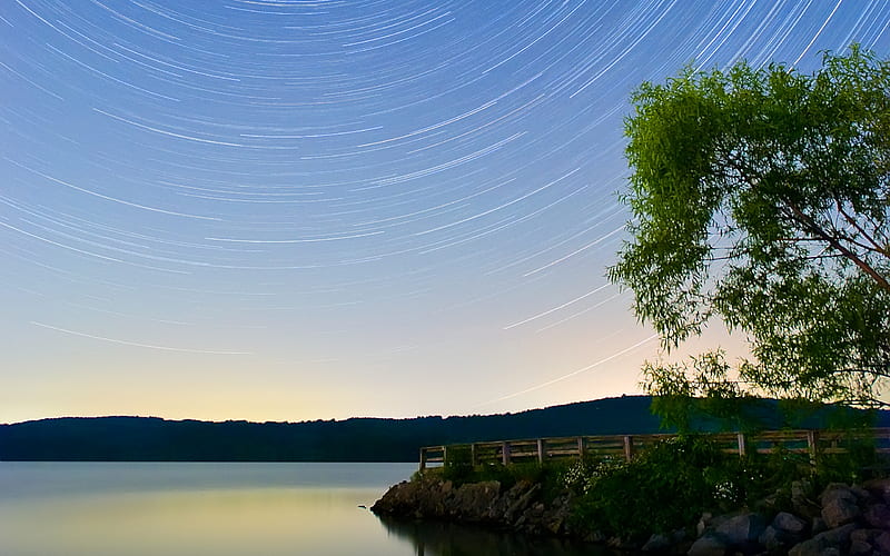 Lake Arthur Star Trails, fence, stars, shore, dusk, nature, trees, lake, HD wallpaper