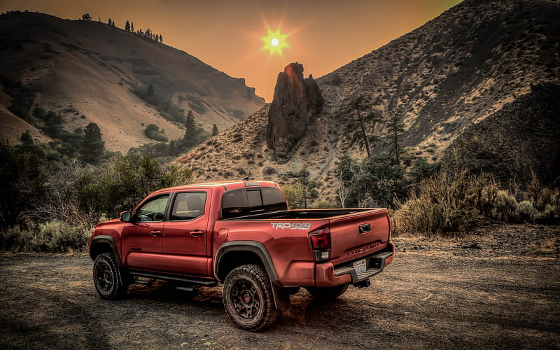 Toyota Tacoma, 2019, rear view, red pickup truck, sunset, evening, SUV, new red Tacoma, USA, Japanese cars, Toyota, HD wallpaper