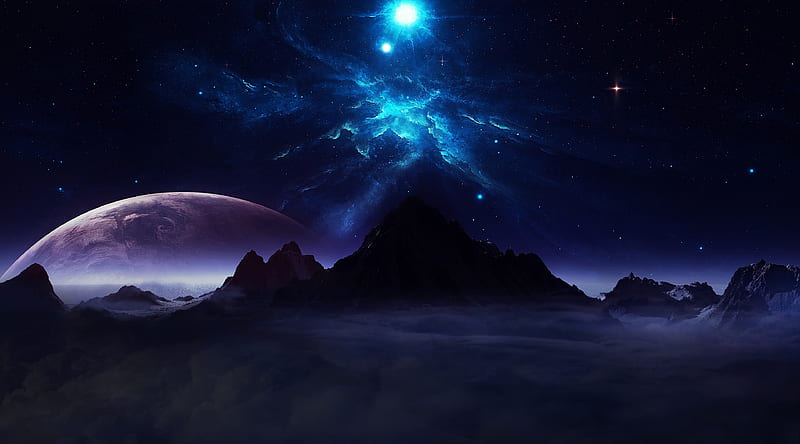 Outer Space Ultra, Artistic, Fantasy, dark, planets, night sky, stars, universe, space, sky lights, clouds, mountains, landscape, digital art, HD wallpaper