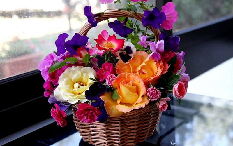Basket with colorful flowers, colorful, assorted, colors, roses, still life, purple, multicolor, basket, flowers, nature, petals, diversity, pink, HD wallpaper