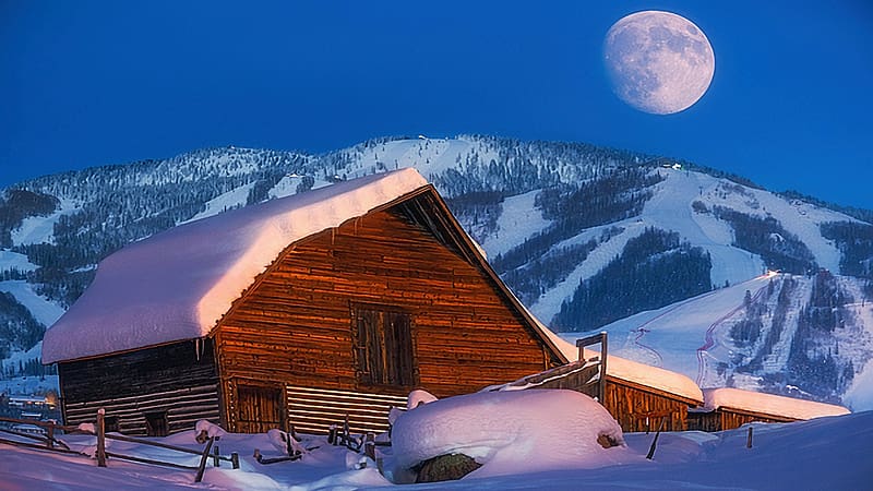 Barn In Steamboat, Colorado, snow, evening, moon, landscape, sky, mountains, usa, HD wallpaper