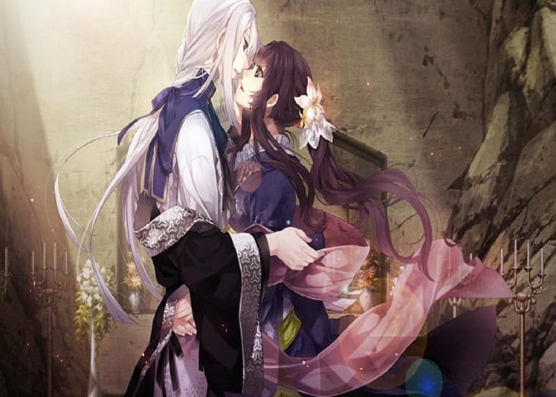 Kuroba & Kayo, romance, cg, love, game, kimono, long hair, couple, HD wallpaper