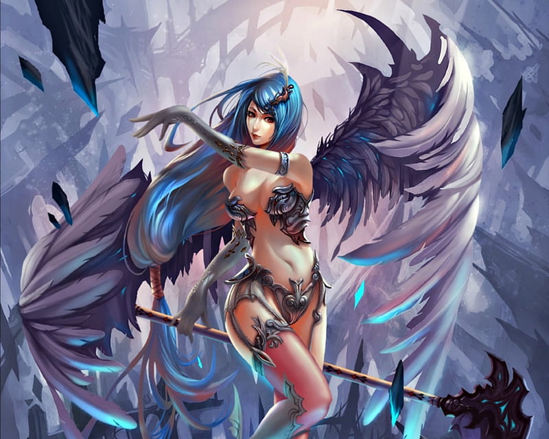 Angel, art, wings, death, legend of the cryptids, game, zudartslee, woman, girl, purple, feather, blue, HD wallpaper