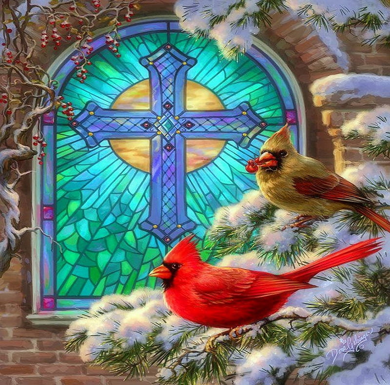 Christmas Church Window, pretty, Christmas, holidays, lovely, window, colors, love four seasons, bonito, xmas and new year, winter, cardinals, paintings, snow, churches, winter holidays, HD wallpaper