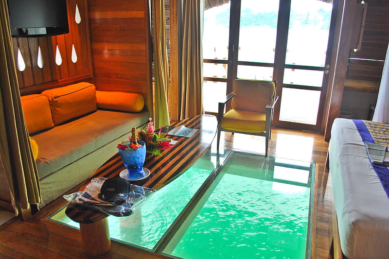 Water Villa Glass Floor Bora Bora French Polynesia, resort, hut, reef