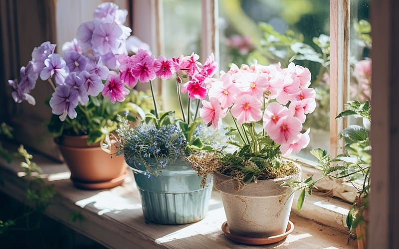 Primroses by Window, window, potted, flowers, primroses, plants, AI art, HD wallpaper