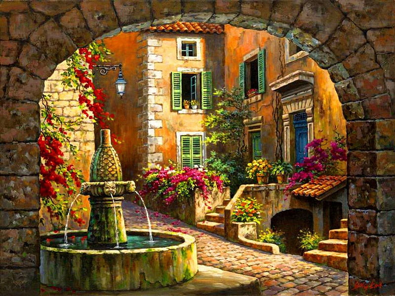 Village fountain, pretty, bonito, nice, calm, stones, painting, village, flowers, street, art, fountain, quiet, lovely, town, water, serenity, peaceful, summer, nature, HD wallpaper