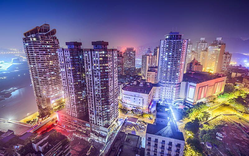 Chongqing, nightscapes, fog, buildings, Asia, China, HD wallpaper