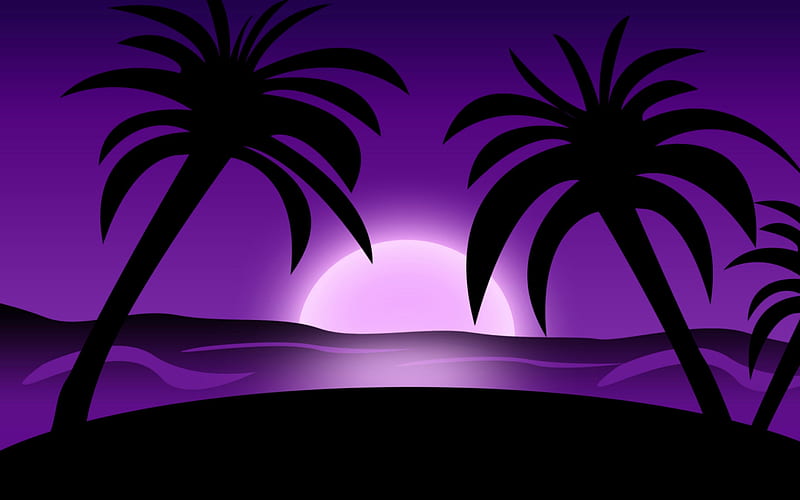Purple sunset, black, palm, sunset, silhouette, tree, purple, summer, vactor, pink, HD wallpaper