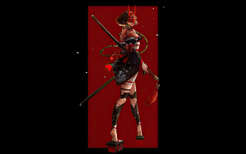 Fantasy girl, black, fantasy, art, red, samurai, girl, demon, HD wallpaper