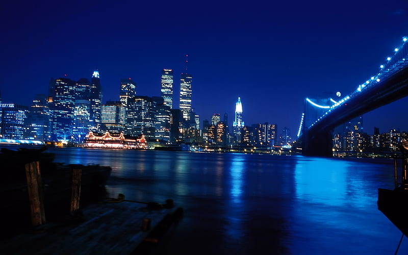 blue new york, architecture, buildings, newyork, skyscrapers, graphy, city, water, towers, bridge, reflections, HD wallpaper
