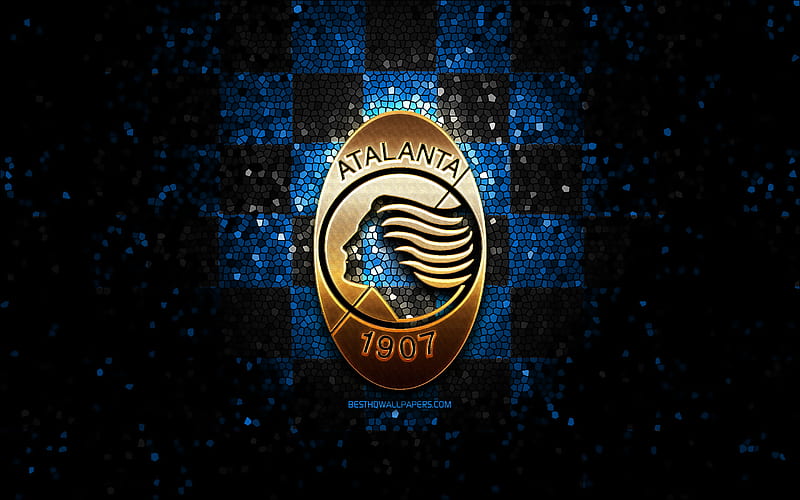 Atalanta FC, glitter logo, Serie A, blue black checkered background, soccer, Atalanta BC, italian football club, Atalanta logo, mosaic art, football, Italy, HD wallpaper