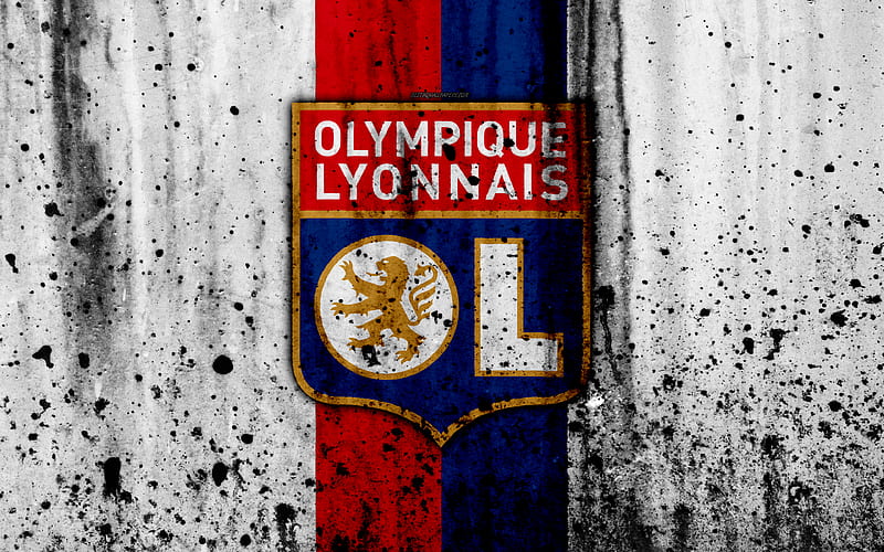 FC Olympique Lyon logo, Ligue 1, stone texture, Olympique Lyon, grunge, soccer, football club, Lyon, metal texture, Liga 1, Olympique Lyon FC, HD wallpaper