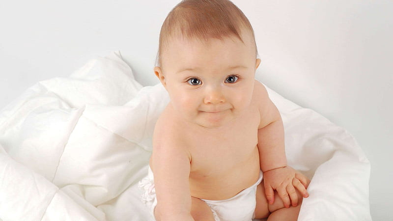 Cute Baby Is Sitting On White Bedsheet Looking Up In White Background Cute, HD wallpaper