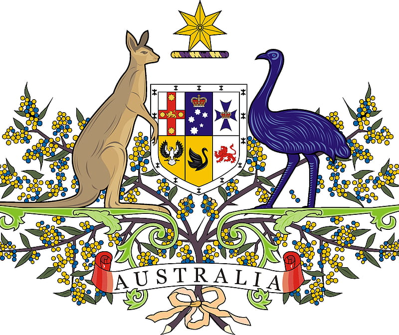 Australia crest, arms, aussie, coat, emu, flag, kangaroo, oz, HD wallpaper