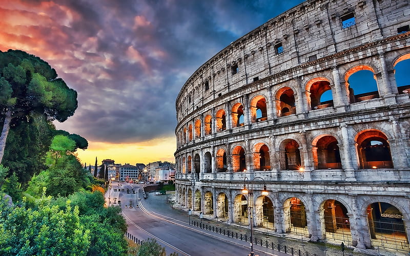 Colosseum, sunset, Rome landmarks, Europe, roads, Rome, Italy, italian landmarks, R, HD wallpaper