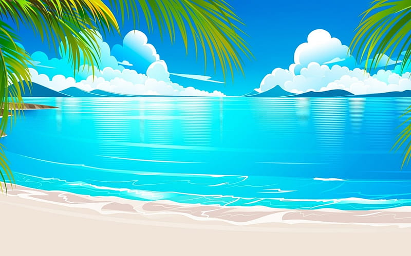 Happy summer!, cloud, palm, sea, beach, water, green, summer, blue, vector, HD wallpaper