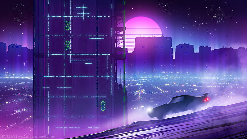 Download wallpaper 1366x768 city, car, bridge, futurism, cyberpunk, sci-fi  tablet, laptop hd background