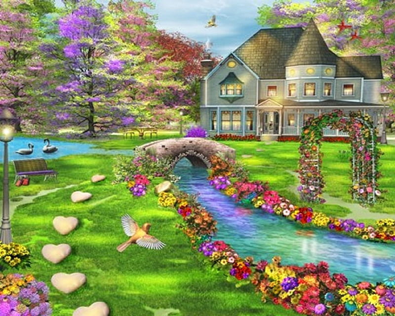 Sweetheart Path, flying birds, houses, bridges, love four seasons, attraction in dreams, trees, corazones, swans, parks, paintings, walkway, flowers, nature, HD wallpaper