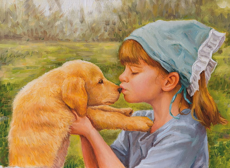 Kiss, copil, caine, puppy, dog, animal, art, girl, painting, child,  pictura, HD wallpaper | Peakpx