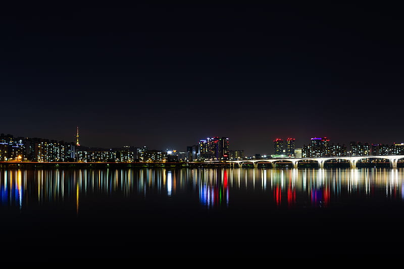 night city, panorama, city lights, horizon, sea, HD wallpaper