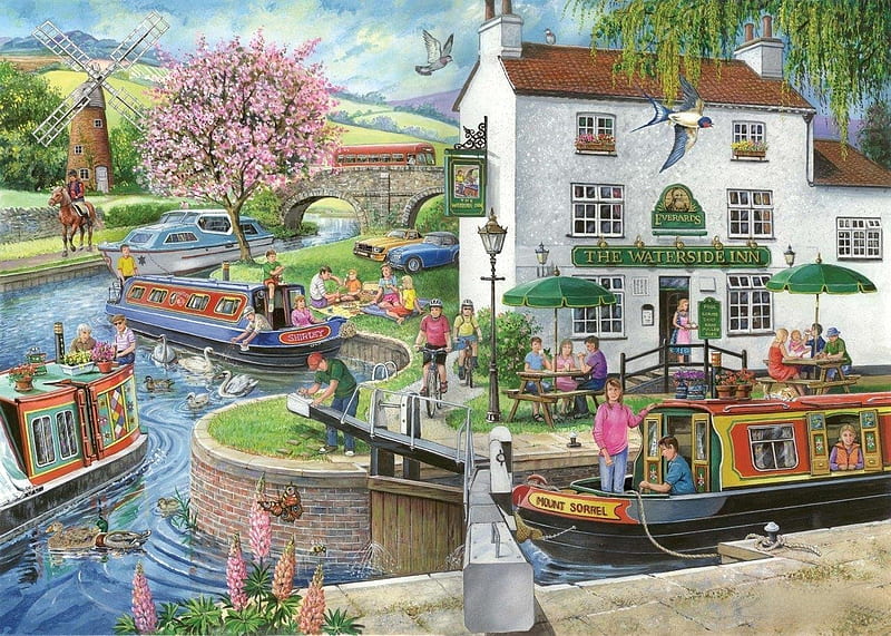 The Waterside Inn, windmill, inn, canal, ducks, swallow, picnic, swans, horses, bus, carros, pigeon, pub, water, flowers, barge, HD wallpaper