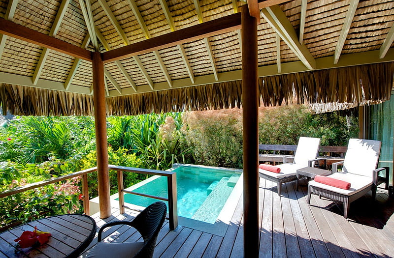 Tropical Modern Villa with Jacuzzi, moorea, polynesia, hut, contemporary, house, home, villa, hot tub, modern, paradise, jacuzzi, island, tahiti, tropical, luxury, HD wallpaper
