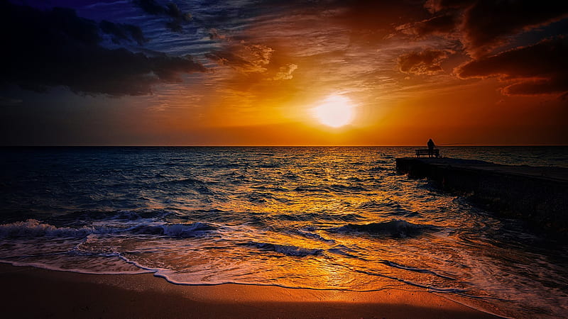 wave, beach, shore, fisherman, sunset, evening landscape, waves, sea, HD wallpaper