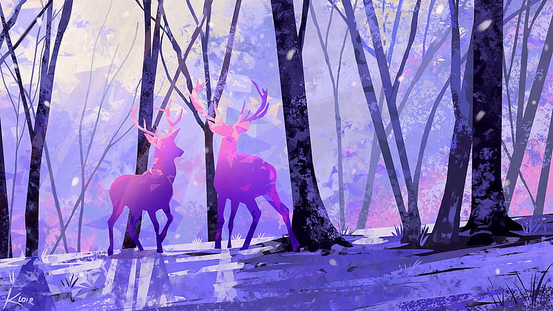 Purple deer, forest, fantasy, caprioara, purple, luminos, samantha lee, deer, HD wallpaper