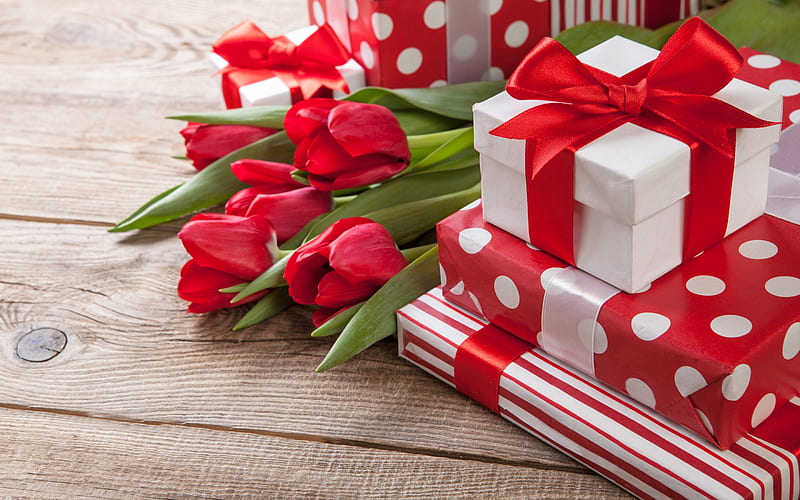 Valentines Day, gifts, red silk ribbons, red tulips, red bow, HD wallpaper