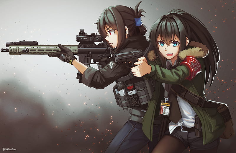 anime girls, military uniform, rifle, coat, blue eyes, Anime, HD wallpaper